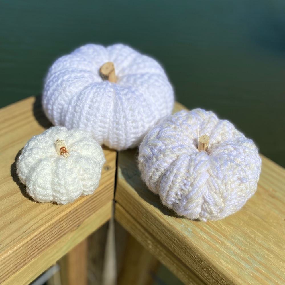 Crochet stacking pumpkin trio Neutral fall decor handmade one set - Picture 5 of 9